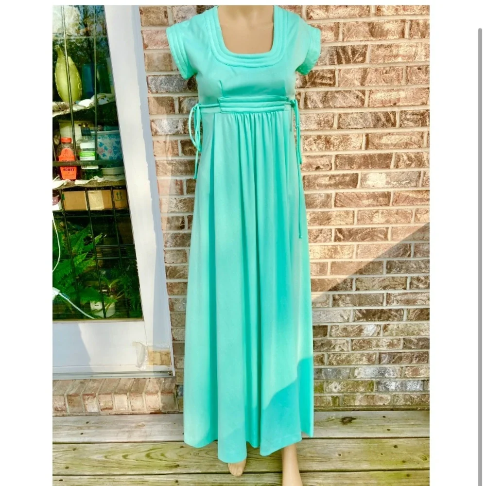 True 1970s Vintage Bridgerton Regency Cottagecore Mint Green Maxi Dress - Picture 2 of 12